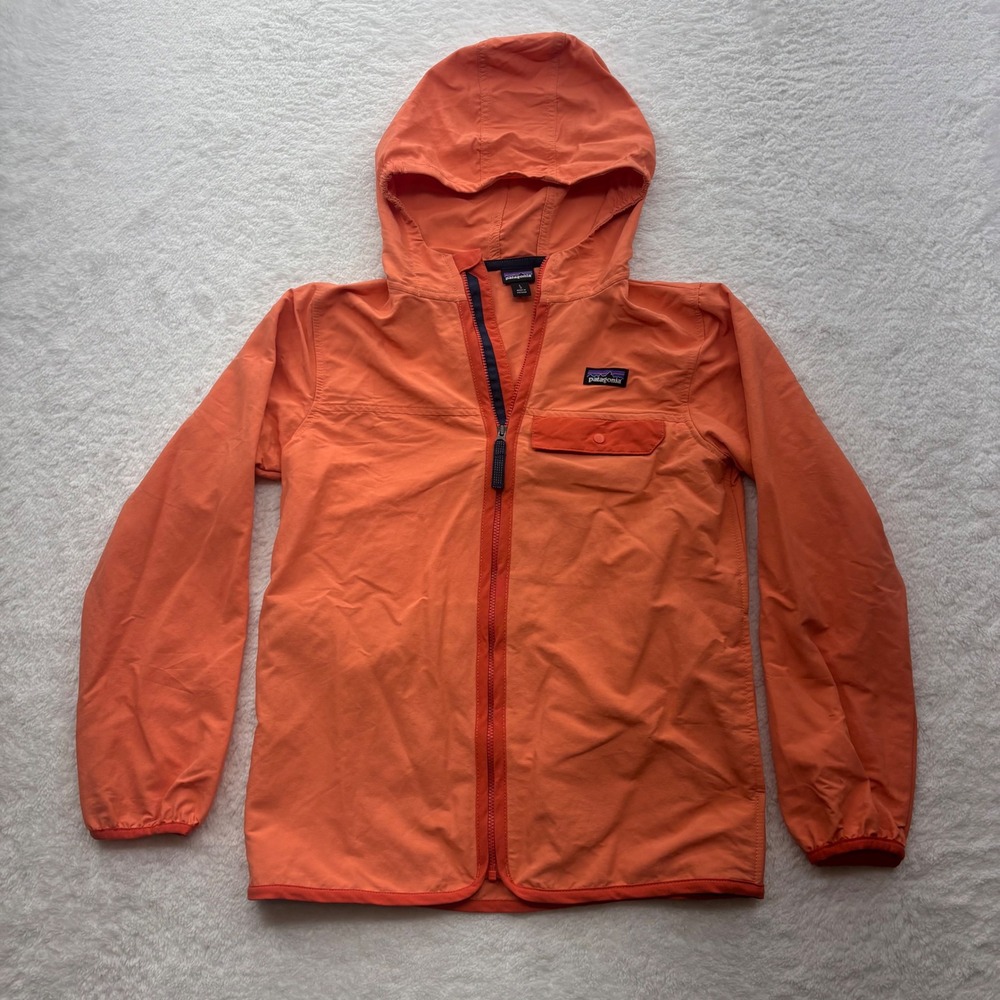 Patagonia Kids L 12 Houdini Full Zip Hooded Windbreaker Jacket Salmon Orange